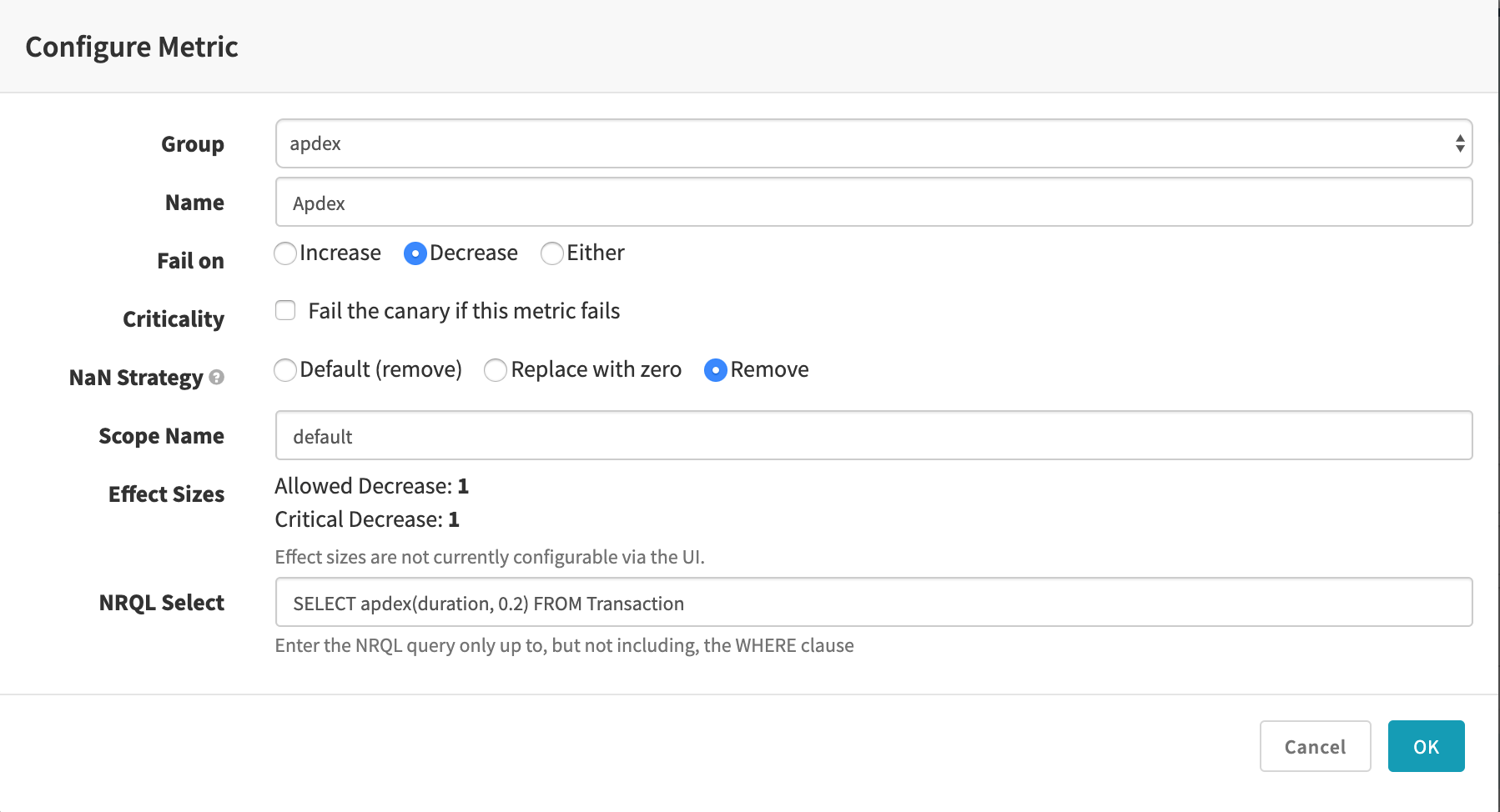 New Relic Metric Dialog