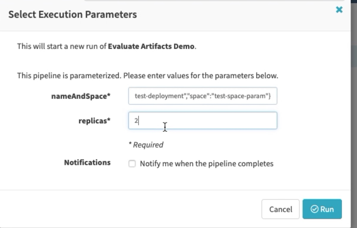 Provide the SpEL expression for the `nameAndSpace` parameter and an integer value for the `replicas` parameters.