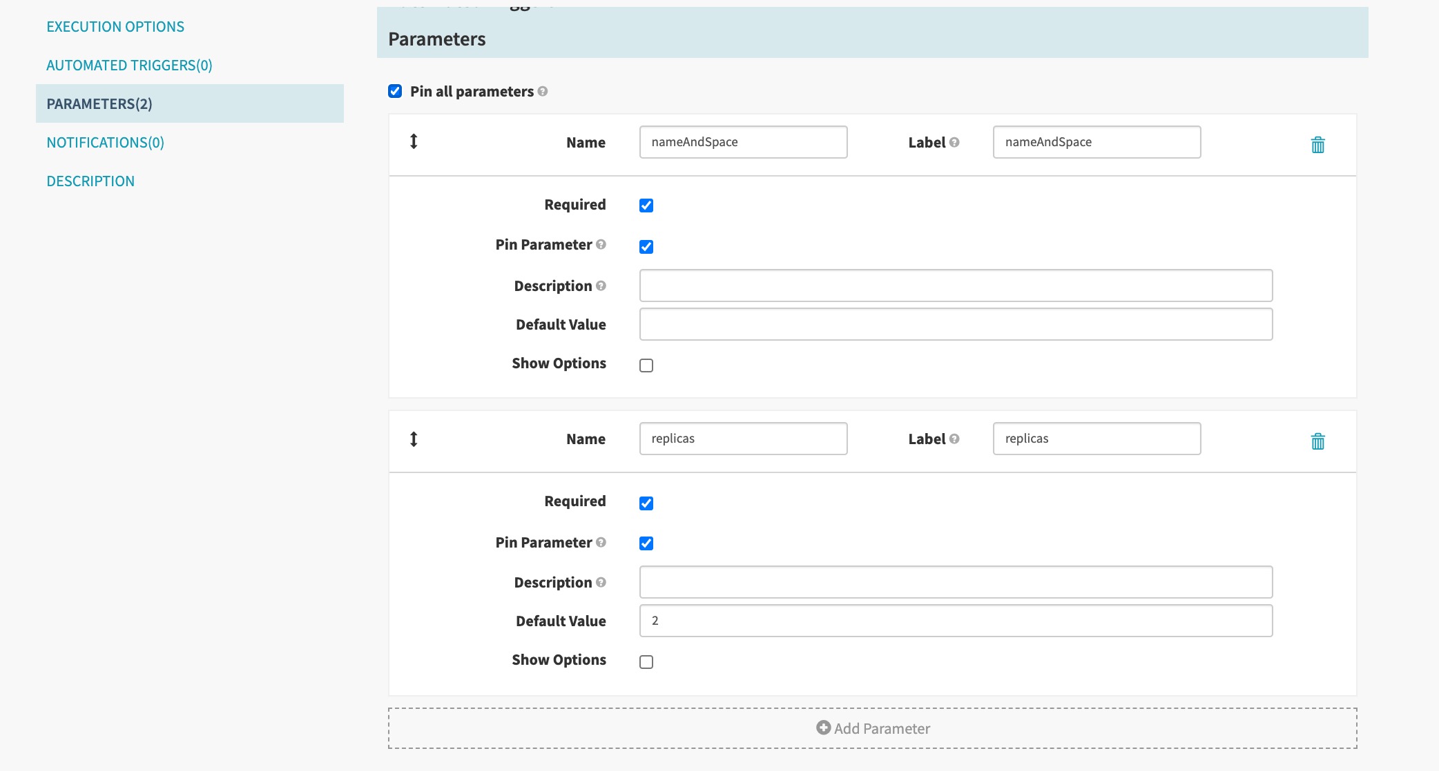 Add the nameAndSpace and replicas parameters to the pipeline.